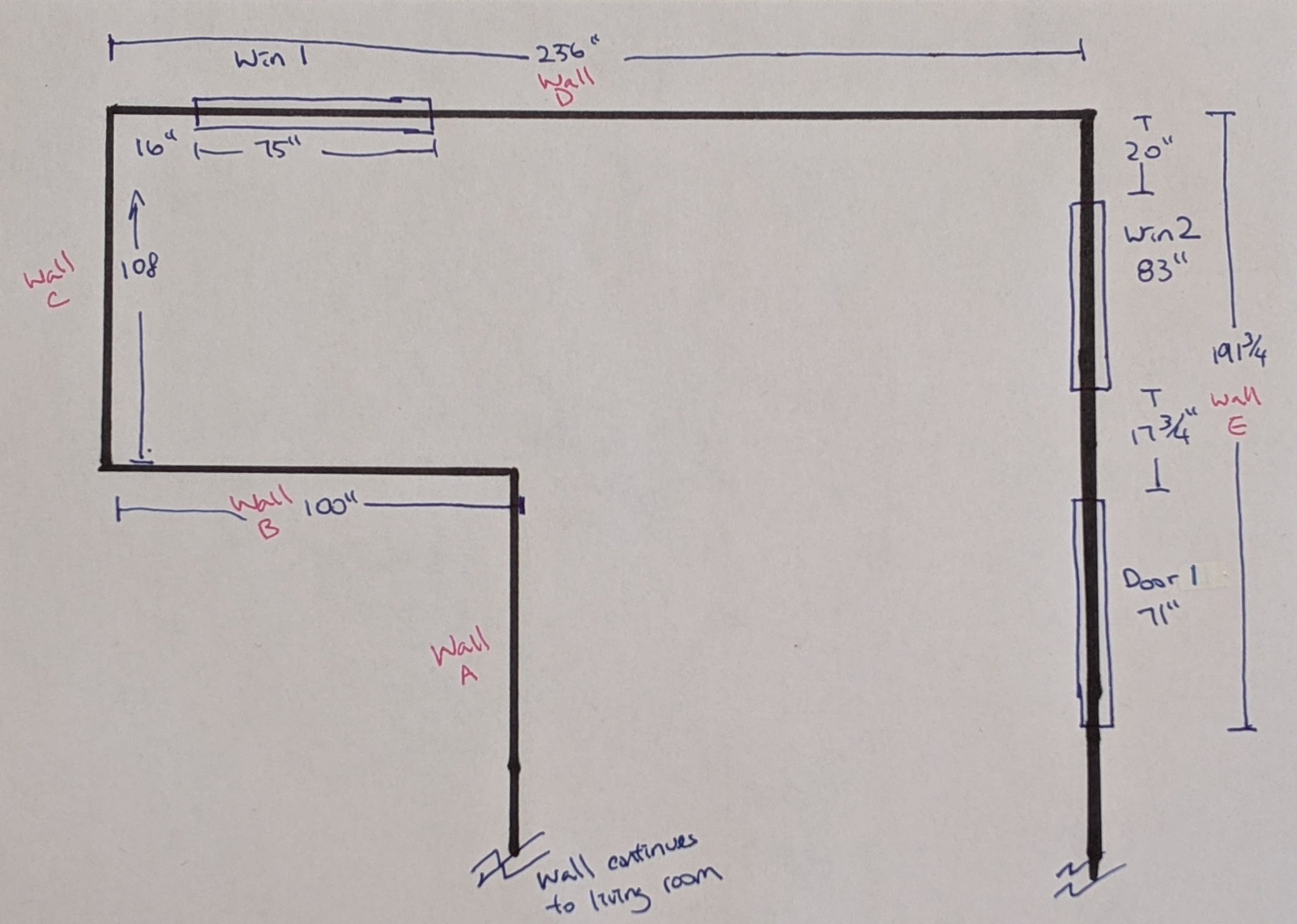 A sketch of a room with measurements for windows and door openings