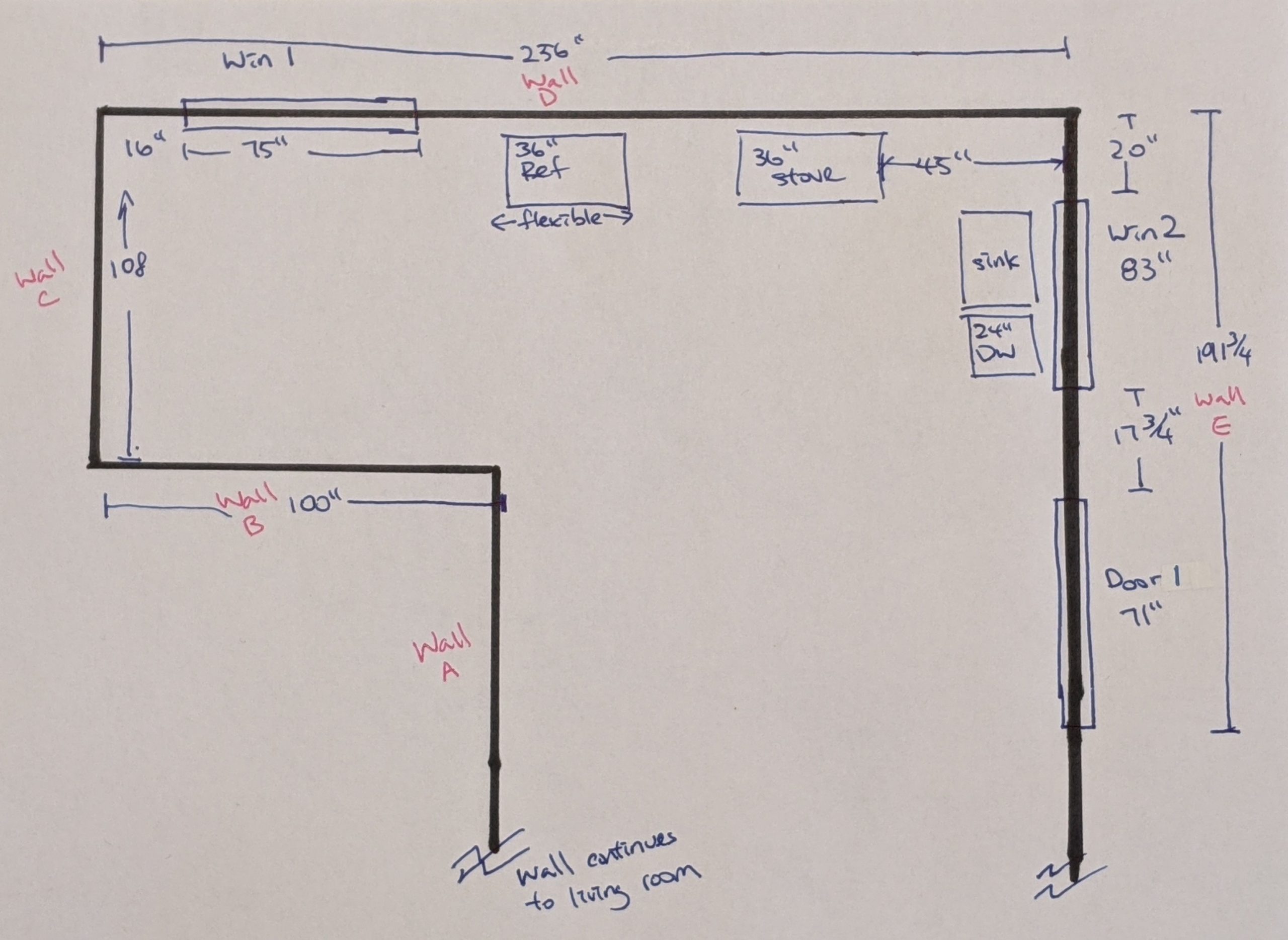 A sketch of a room with measurements for windows and door openings. Appliance locations are also noted.