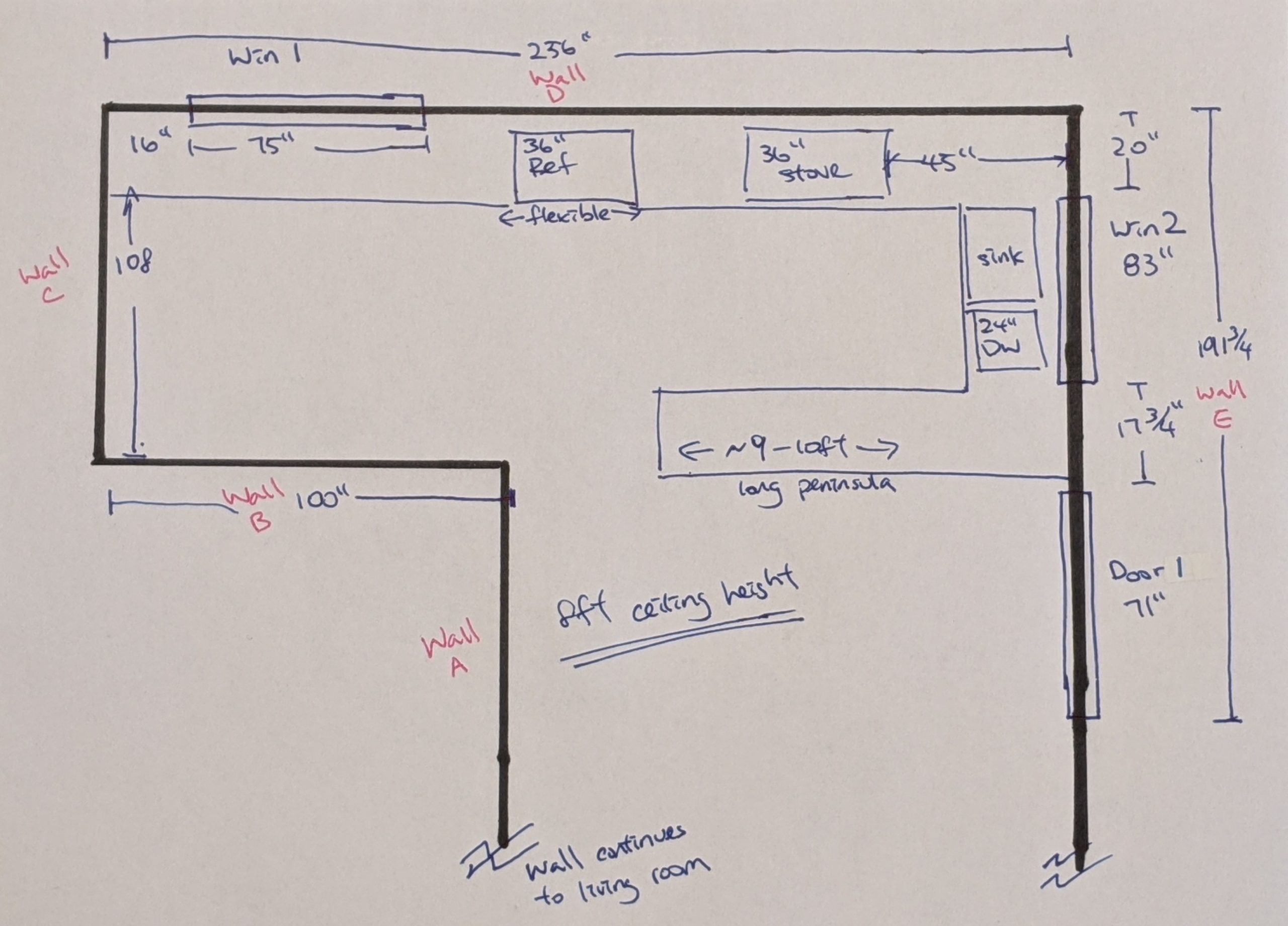 A hand sketch floor plan with measurements
