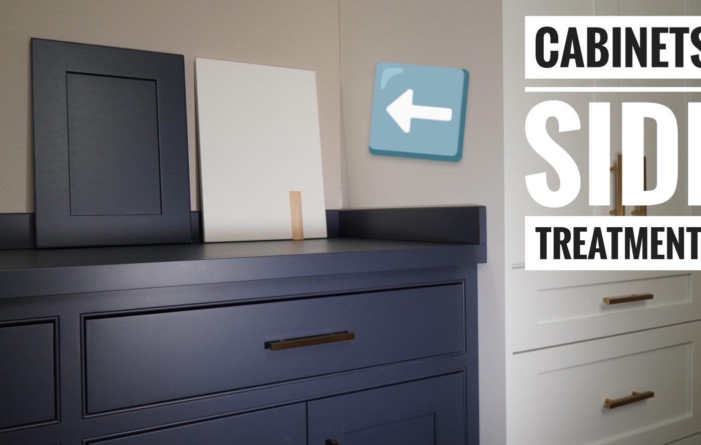 A picture of a cabinet side with an arrow pointing to where it meets the wall. Thumbnail photo for a video discussion regarding finishing details in custom remodels.