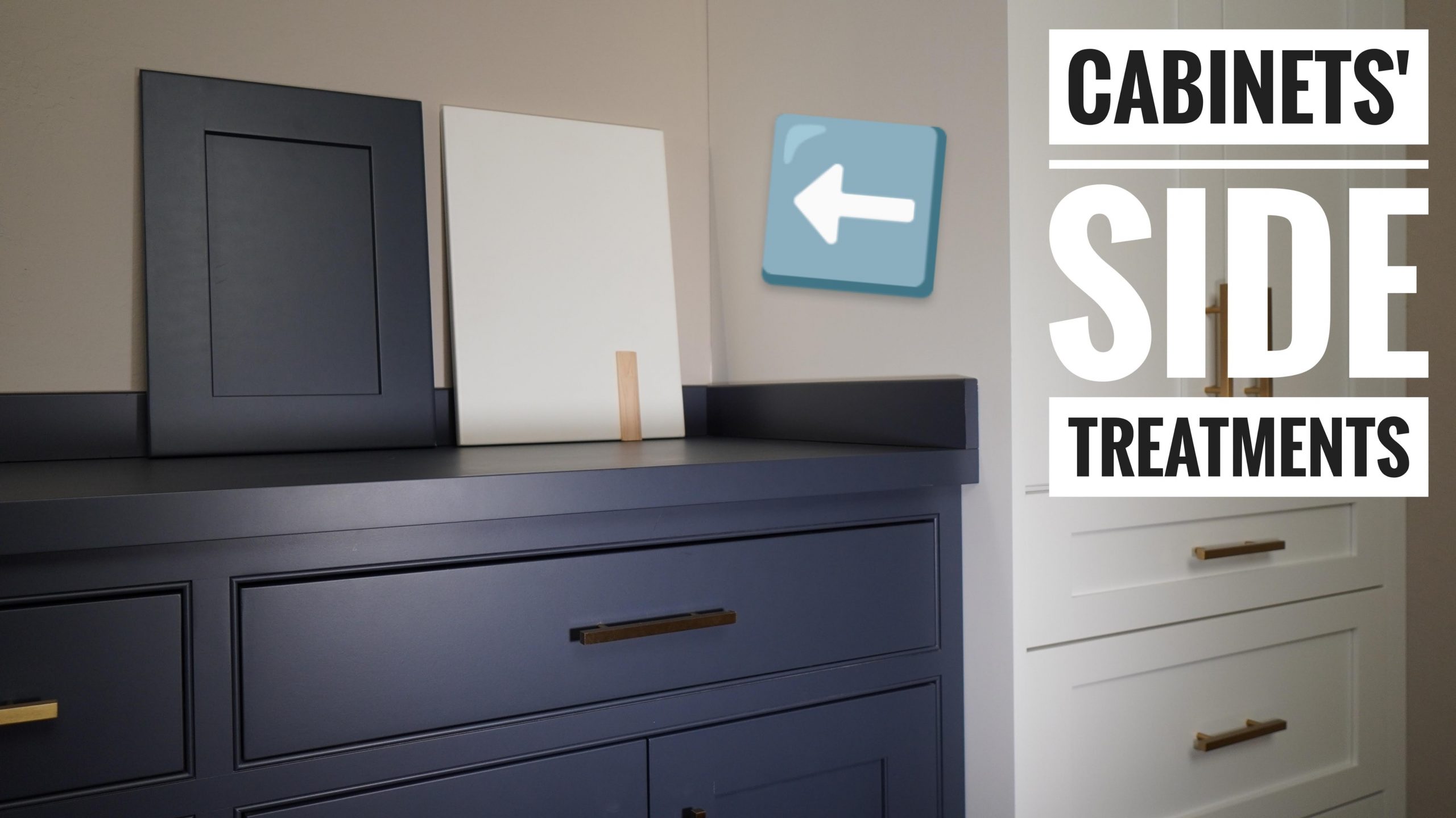A picture of a cabinet side with an arrow pointing to where it meets the wall. Thumbnail photo for a video discussion regarding finishing details in custom remodels.